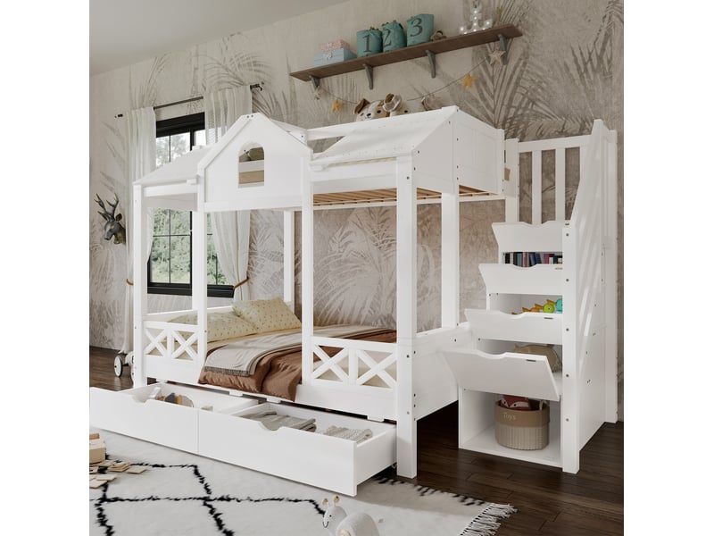  Modenvie lit superposé enfant 90x200 cm et 140x200 cm - avec rangement et escalier 4 niches - blanc  - Conforama B