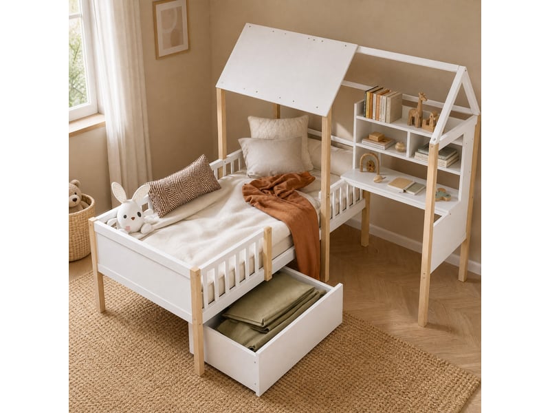  Lit cabane enfant 90 x 200 cm, lit simple avec bureau en l, bibliothèque, tiroirs à roulettes, sans matelas, blanc  - Conforama C