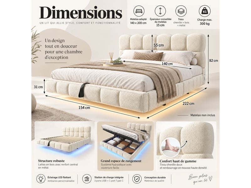  Lit double rembourré 140x200 cm effet suspendu, design nuage, rangement hydraulique, led, usbtype-c, chenille beige, sans matelas Fay Lum - Conforama C