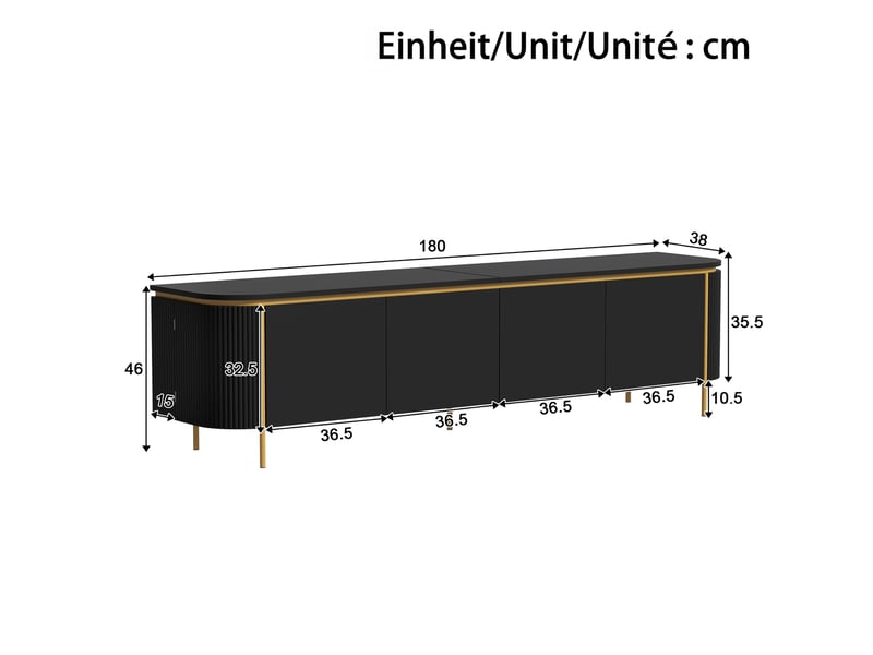  Meuble tv noir, 1 porte, rangement, gestion des câbles, design moderne, angles arrondis, façade texturée - 180x38x46cm - salon  - Conforama E
