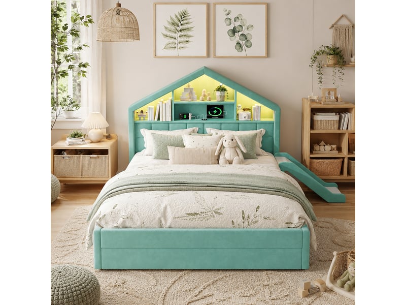  Lit enfant rembourré 140x200 cm, tête de lit maison avec rangement, toboggan réversible, led, port de charge, tiroir, velours français, bleu-vert OMNIGLINT TRADING LTD - Conforama B