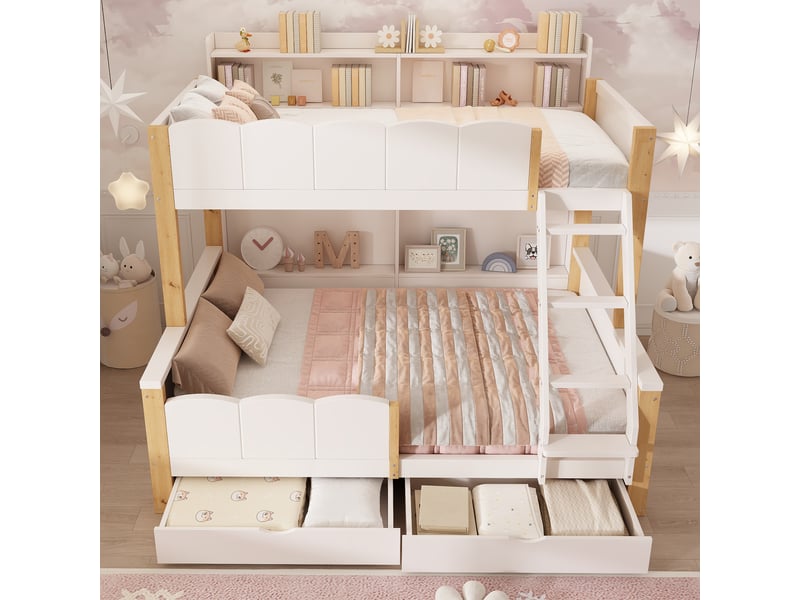 Lit superposé 90x200 et 140x200 cm, 2 tiroirs et étagères, échelle inclinée, sommiers à lattes, bois massif et mdf, blanc et décor chêne OMNIGLINT TRADING LTD - Conforama C