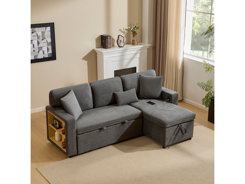  Canapé d'angle, canapé convertible : gris foncé, coffre de rangement, 214 x 131 x 87 cm  - Conforama A
