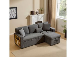 Canapé d'angle, transformable en lit, en flanelle, coloris gris foncé, l214 x p131 x h87 cm, assise confortable