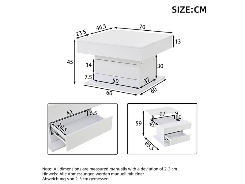  Table basse relevable 70 x 70 x 45-59 cm 360° tiroir rangement caché laqué brillant panneau de particules blanc  - Conforama C