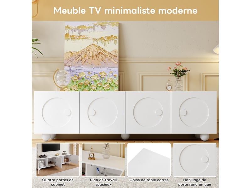  Meuble tv 180,5x38x50 cm, portes à relief rond 3d, rangement compartimenté, mdf et panneau de particules, blanc mat  - Conforama D