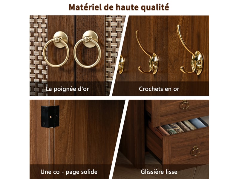  Buffet haut 80x40x180 cm, portes en rotin, 2 tiroirs, niches ouvertes, crochets latéraux, mdf, noyer  - Conforama E