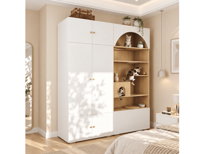  Armoire penderie 180x50x202 cm, 1 tringle, 7 compartiments, panneau de particules, blanc aspect bois  - Conforama B