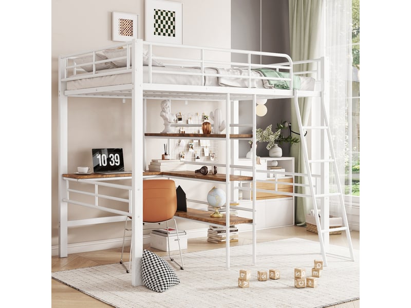  Lit mezzanine 90x200 cm avec bureau, lit simple avec étagère, lit simple en fer, blanc  - Conforama W