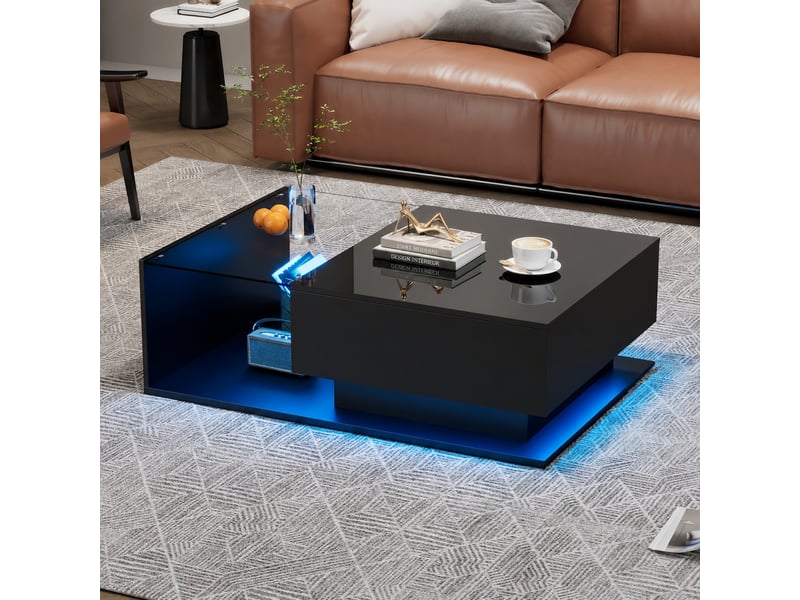 Table basse noire brillante avec éclairage led, plateau en verre, tiroir, 100 x 50 x 32 cm, noir - Conforama B