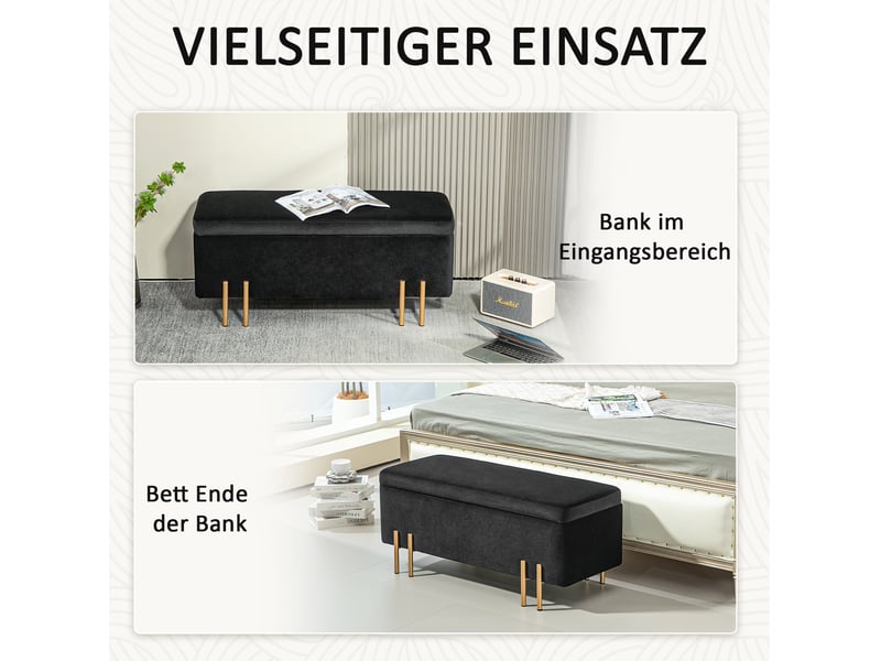  Banc coffre de rangement 100 x 40 x 42 cm noir, polyester doux, pieds en métal galvanisé pour chambre  - Conforama E