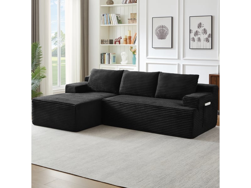  Canapé d’angle modulable 4 places 238x152x66 cm en velours côtelé noir  - Conforama W