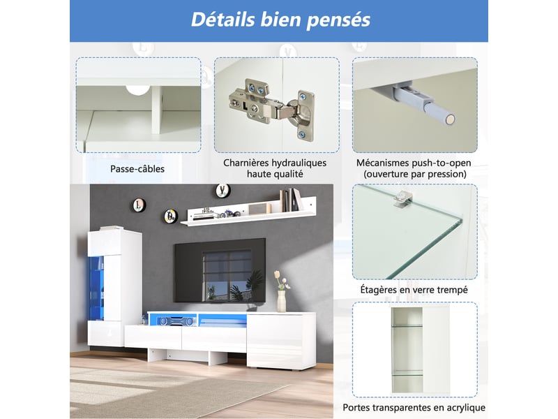 Meuble tv 3 pièces avec 1 porte, 2 tiroirs et led pour salon 170×35×45 cm en panneaux de particules blanc  - Conforama D