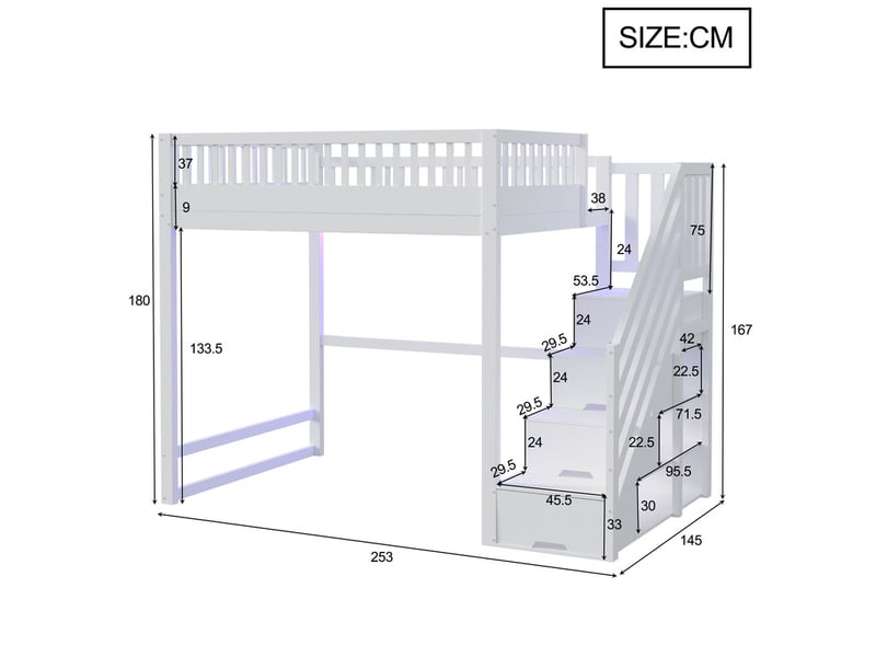 Lit mezzanine 140 x 200 cm - avec échelle de sécurité - avec barrières de sécurité - équipé de lumières led - blanc (matelas non inclus)  - Conforama C