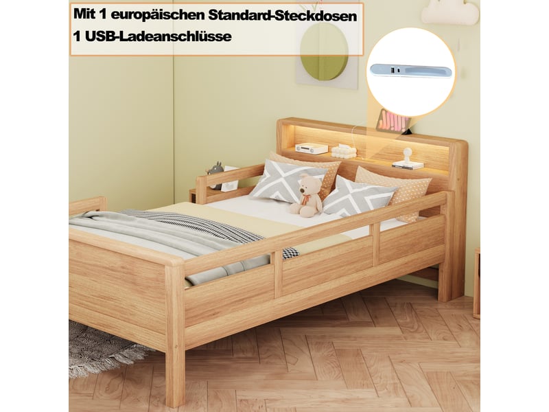  Lit enfant simple 90×200 cm avec led, usb et type-c - okmyhome- rangement et barrière, sans matelas  - Conforama E