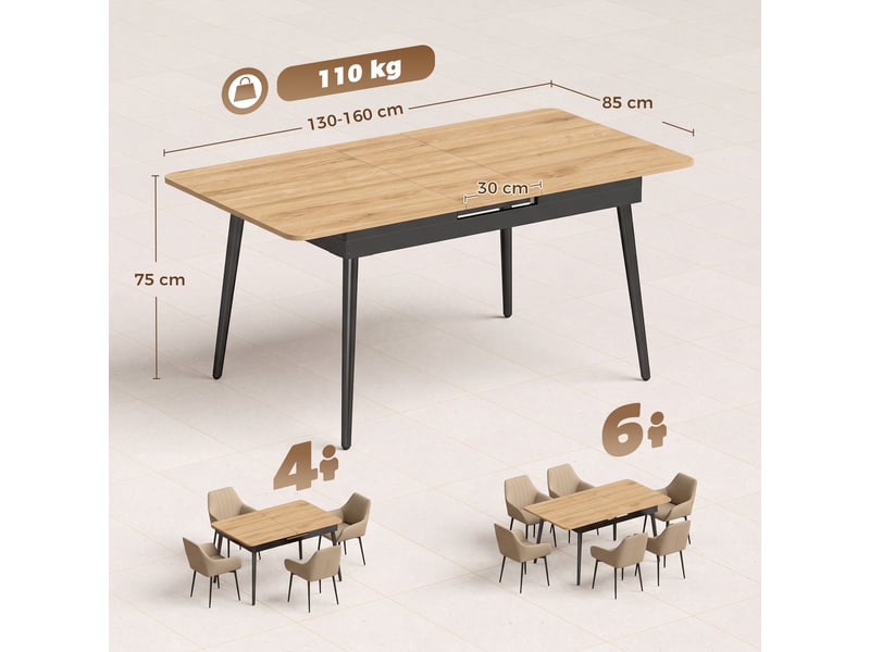  Table de salle à manger extensible 130-160 cm, table de cuisine aux angles arrondis, chêne  - Conforama E