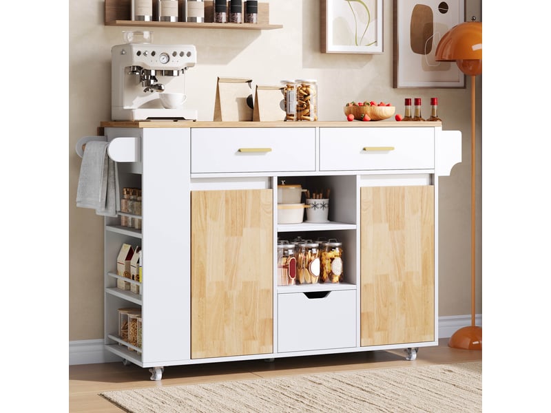 Ilot central de cuisine - 120x71x90cm - desserte avec plateau rabattable 3 tiroirs placards et roulettes - blanc et bois - Conforama D