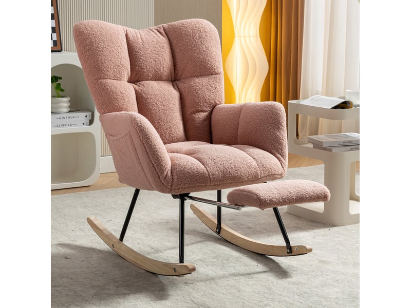  Fauteuil à bascule confortable, revêtement teddy, rose, relax, modèle à oreilles avec repose-pieds et porte de rangement  - Conforama B