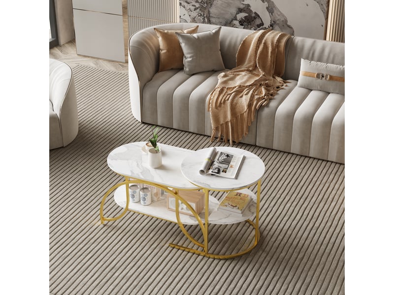  Table basse gigogne 8052cm blanc et doré - design moderne avec plateau effet marbre et double étagère de rangement  - Conforama C
