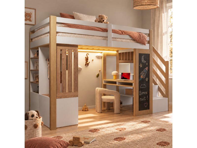 Lit mezzanine avec petit tableau noir, 90x200 cm, avec bureau intégré, meuble ouvert et éclairage led, pin, blanc  - Conforama R