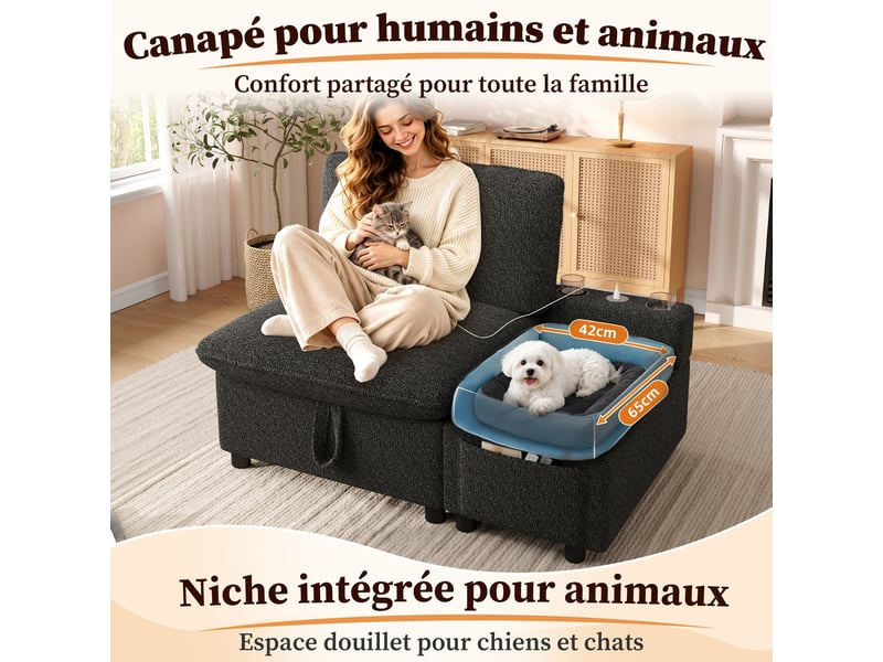  Fauteuil 1 place 110x81x87 cm, canapé avec rangement, rangement dissimulé, rangement intégré, ports usb et type-c, design moderne, tissu peluche gris OPULERANE TRADING LTD - Conforama E