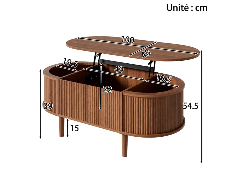  Table basse ovale relevable avec rangement, finition noyer, 100 x 48 x 54,5 cm  - Conforama C