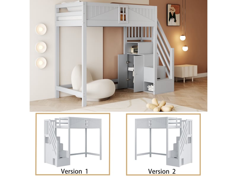  Lit mezzanine 200×90 cm avec espace libre sous le couchage, rangements latéraux et échelle réversible, gris  - Conforama E
