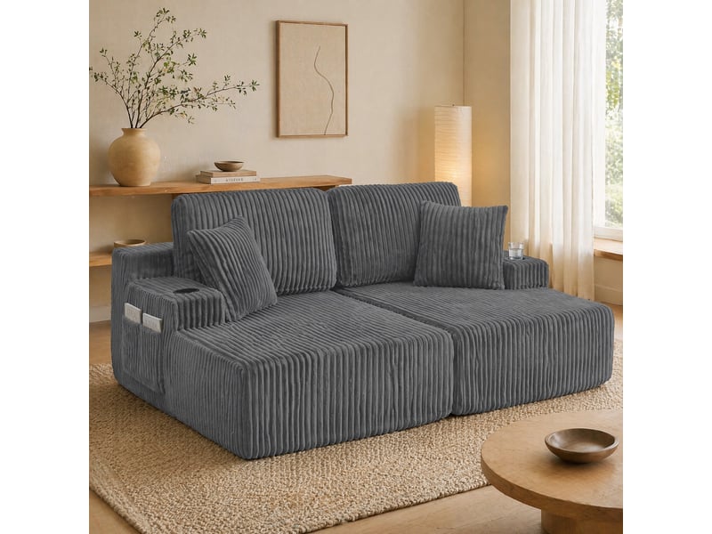 Canapé convertible 2 places en tissu côtelé gris avec poche latérale, porte-gobelet et coussins - Conforama C
