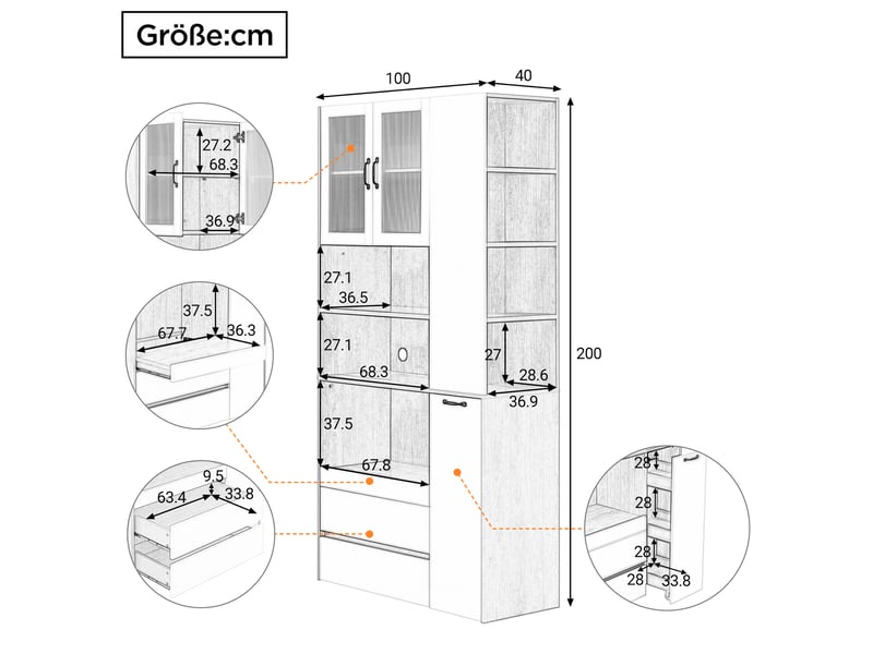 Vaisselier haut blanc et bois 200 cm, buffet avec portes en verre strié, meuble de rangement cuisine - Conforama R