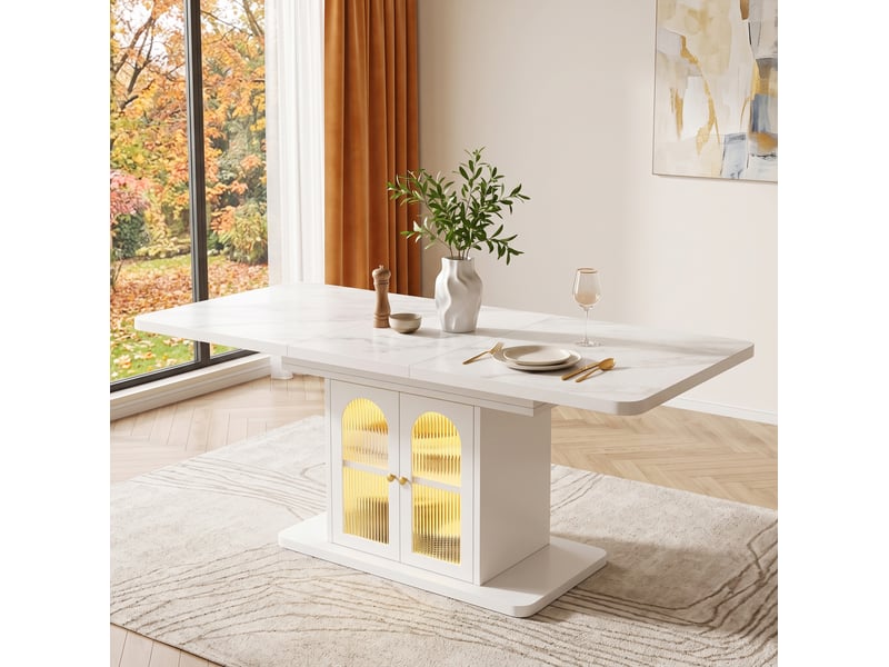 Table de salle à manger extensible 6 à 8 personnes avec rangements et éclairage led, style scandinave blanc effet marbre - Conforama D