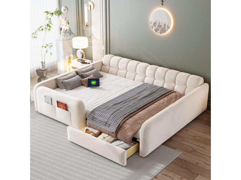  Lit enfant rembourré 140 x 200 cm avec tiroir, veilleuse, port de charge, barrières de sécurité hautes et tête de lit style canapé, velours, beige  - Conforama E