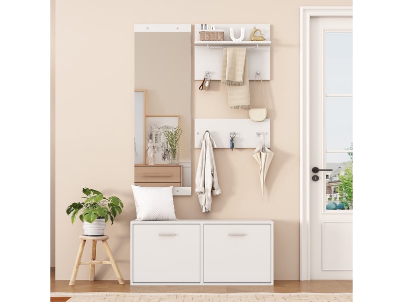  Vestiaire d'entrée complet, ensemble meuble d'entrée 4 pièces avec miroir et meuble à chaussures, style scandinave moderne 90x30x41.5cm, blanc  - Conforama C