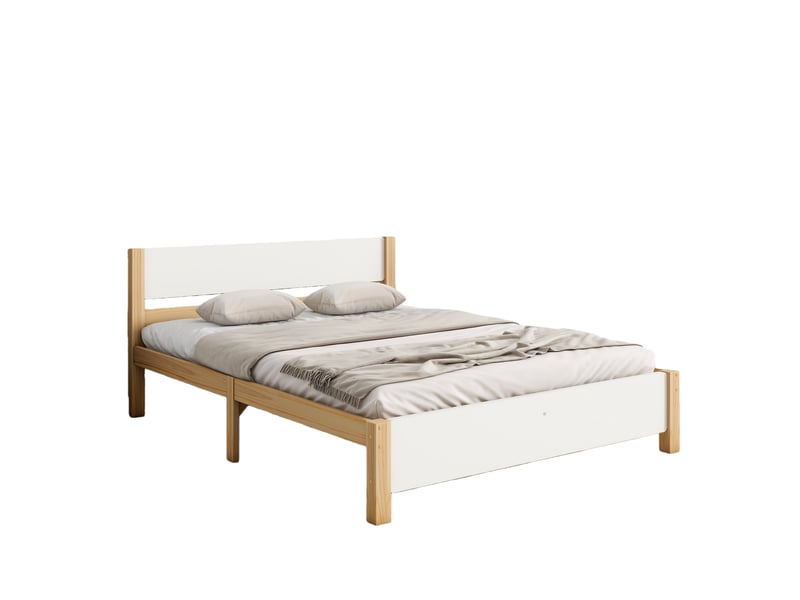  Lit double 140x200 cm - lit classique avec tête et pied de lit - pin + mdf - sans matelas - blanc + naturel  - Conforama A