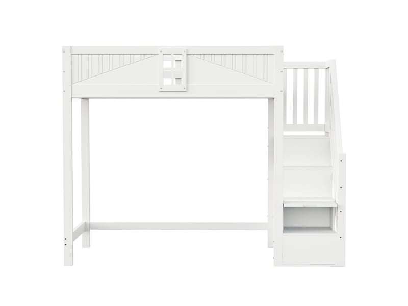 Lit mezzanine multifonction avec fenêtre, bois massif blanc, 90x200 cm, échelle-rangement réversible  - Conforama A