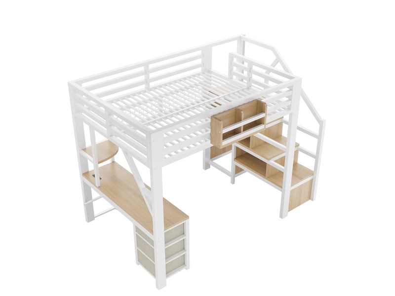  Lit mezzanine 140 x 200 cm, équipé d'un bureau, de tiroirs, de casiers de rangement et d'une armoire, éclairage led, blanc  - Conforama E