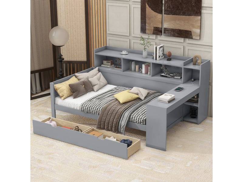  Canapé-lit, méridienne, 90 x 200 cm, avec table de chevet et étagère sous table, lit avec prise électrique et port usb, 2 tiroirs, bureau, sans matelas, panneaux de particules, gris  - Conforama E