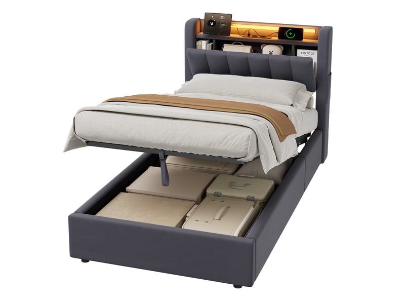  Lit coffre 90x200 cm, led, usb, rangement tête de lit et poche latérale  - Conforama A