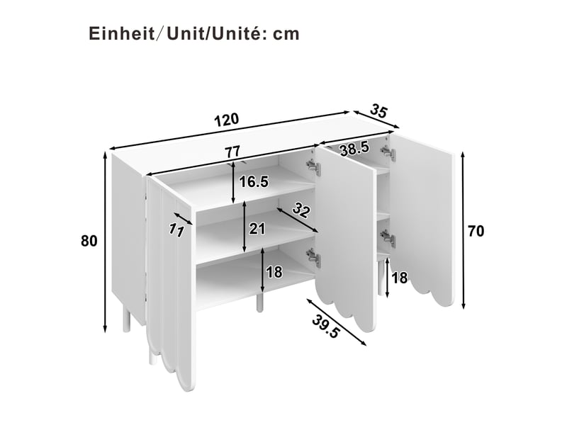  Buffet bas blanc avec portes ondulées, 120 x 35 x 80 cm, étagères réglables et ouverture sans poignée  - Conforama E