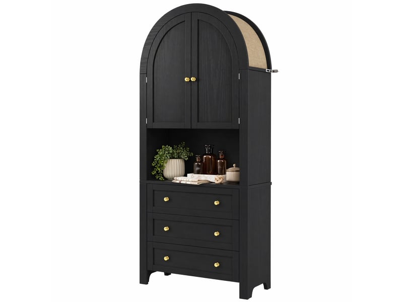  Buffet haut noir en mdf avec 3 tiroirs, 2 portes arquées et espace d'exposition ouvert  - Conforama A