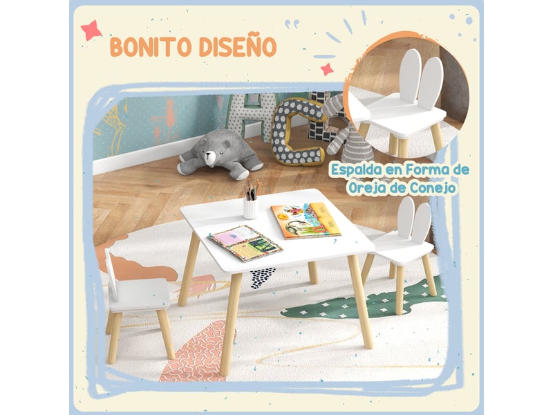  Table enfant avec chaises, dossiers oreilles de lapin, idéale pour la chambre d'enfant ou la salle de jeux, blanche.  - Conforama E