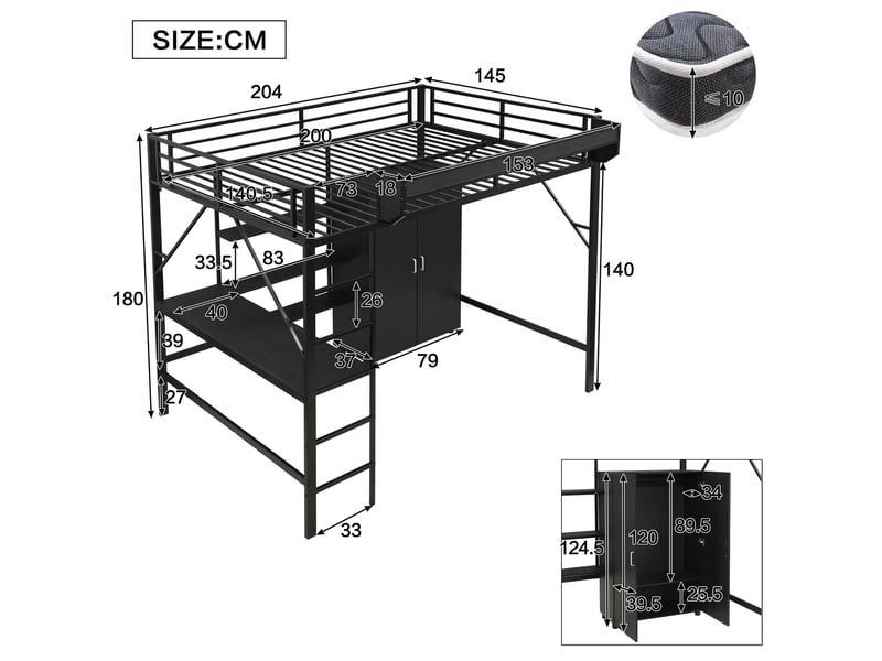  Lit mezzanine 140x200 cm avec bureau, rangements, armoire et échelle pour enfant, métal et mdf noir  - Conforama C