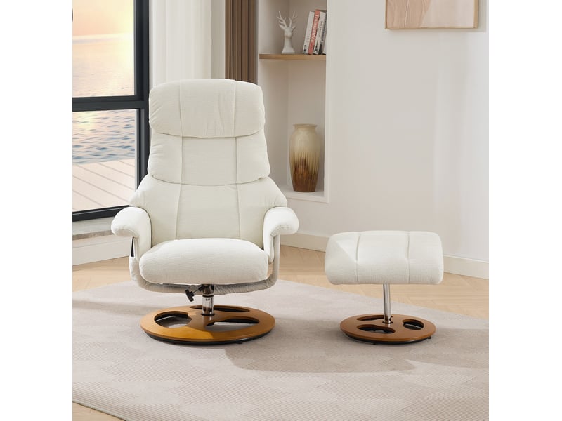  Fauteuil relax pivotant avec massage et chauffage, dossier inclinable, repose-pieds, en chenille blanc  - Conforama C