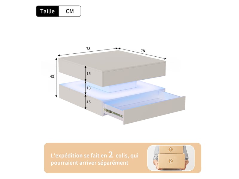  Table basse - 73x73x43cm - table carrée avec rangement, éclairage led rgb intelligent, surface brillante anti-rayures - blanc  - Conforama E