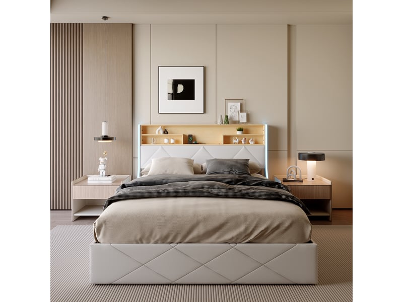  Lit coffre - pocketpop - 140x190 - pu blanc - tête de lit led et usb  - Conforama C
