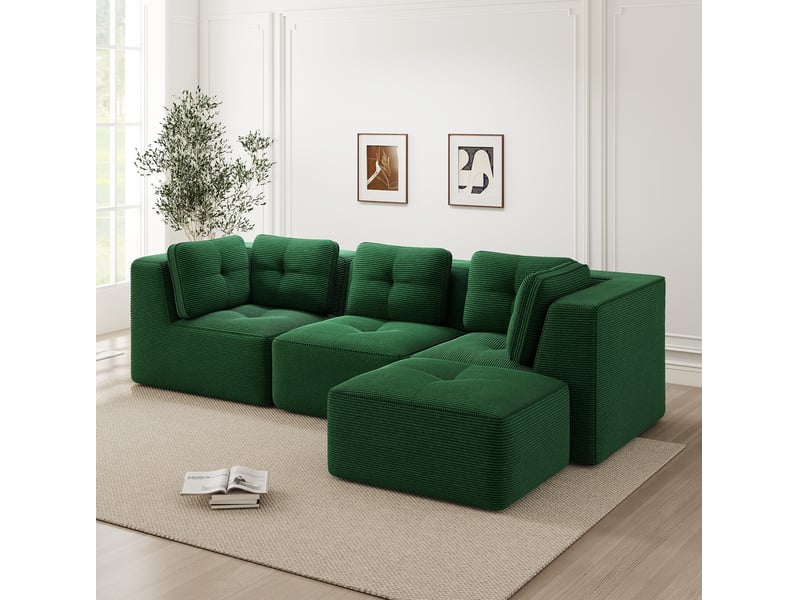  Canapé d'angle modulable 3 places avec ottomane en velours côtelé vert  - Conforama D