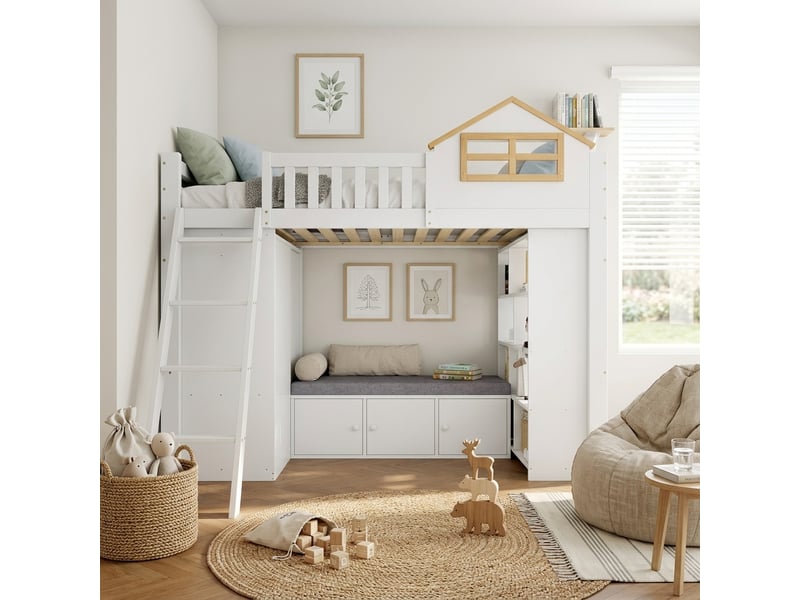 Lit superposé en bois blanc et nature 90x200 cm - Conforama E