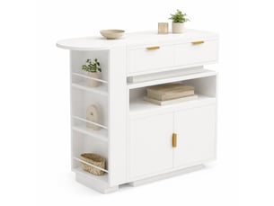 Console extensible avec rangements, étagères réglables, led et plateau pivotant pour cuisine et salle à manger, blanc
