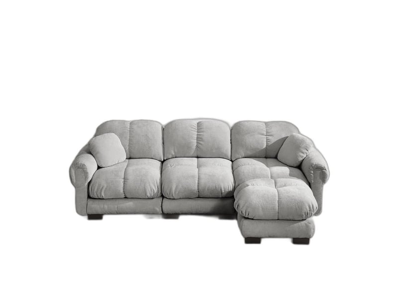  Canapé d'angle l 3 places en tissu chenille gris clair avec ottomane mobile et 2 coussins décoratifs SF20260031032 - Conforama A