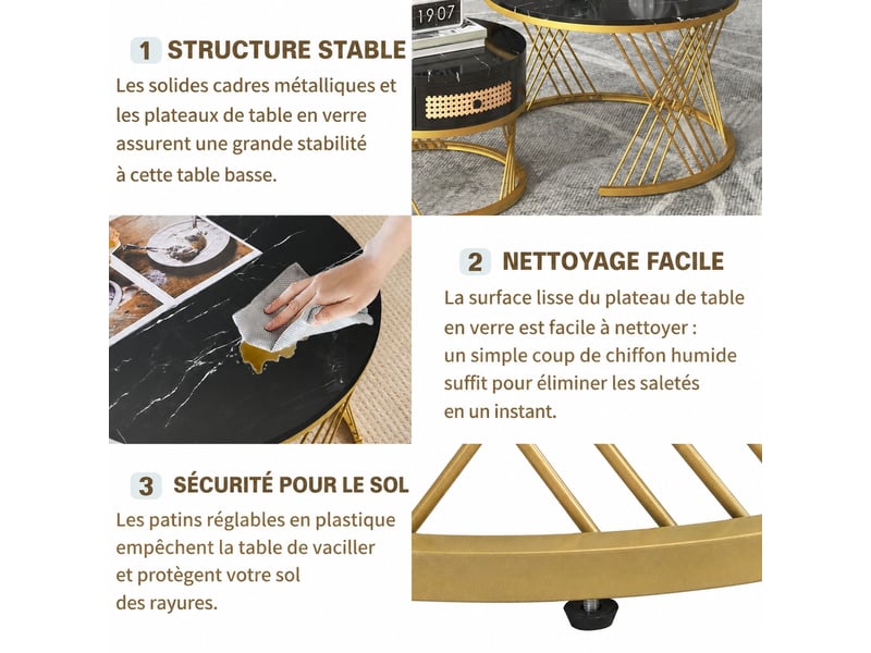  Ensemble de 2 tables basses rondes gigognes effet marbre noir et doré avec tiroir, ø 70 et 50 cm  - Conforama D