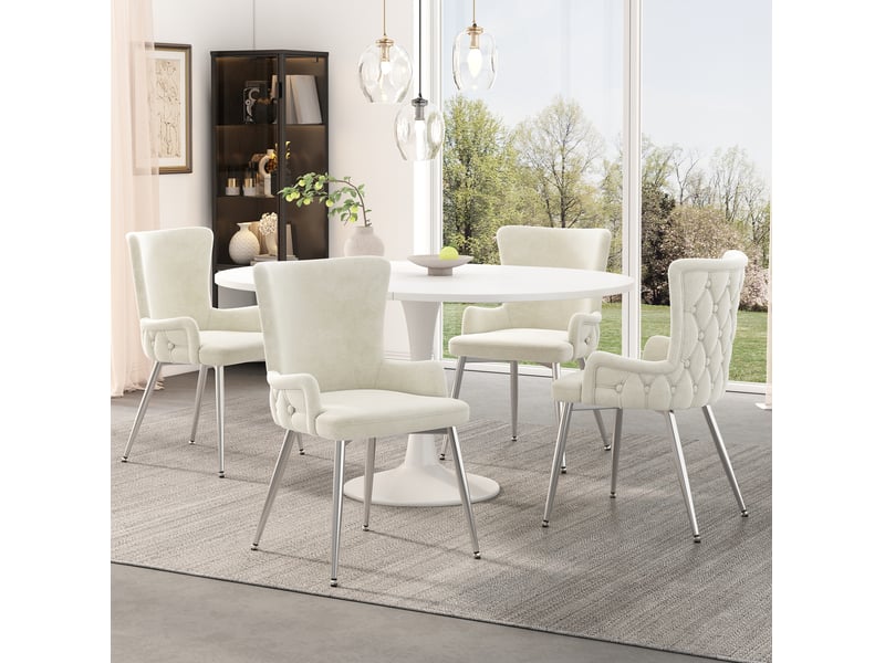  Lot de 6 chaises de salle à manger moderne 49x47x85 cm, repas confort salon, cadre métal, revêtement velours, beige et argenté  - Conforama D